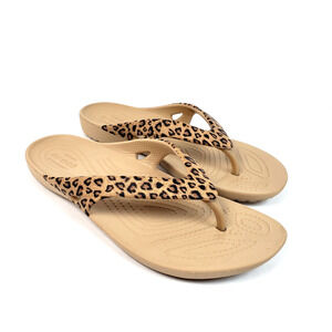 Crocs Kadee II Womens Size 7 Tan Leopard Slip On Thong Flip Flop Sandals 206398